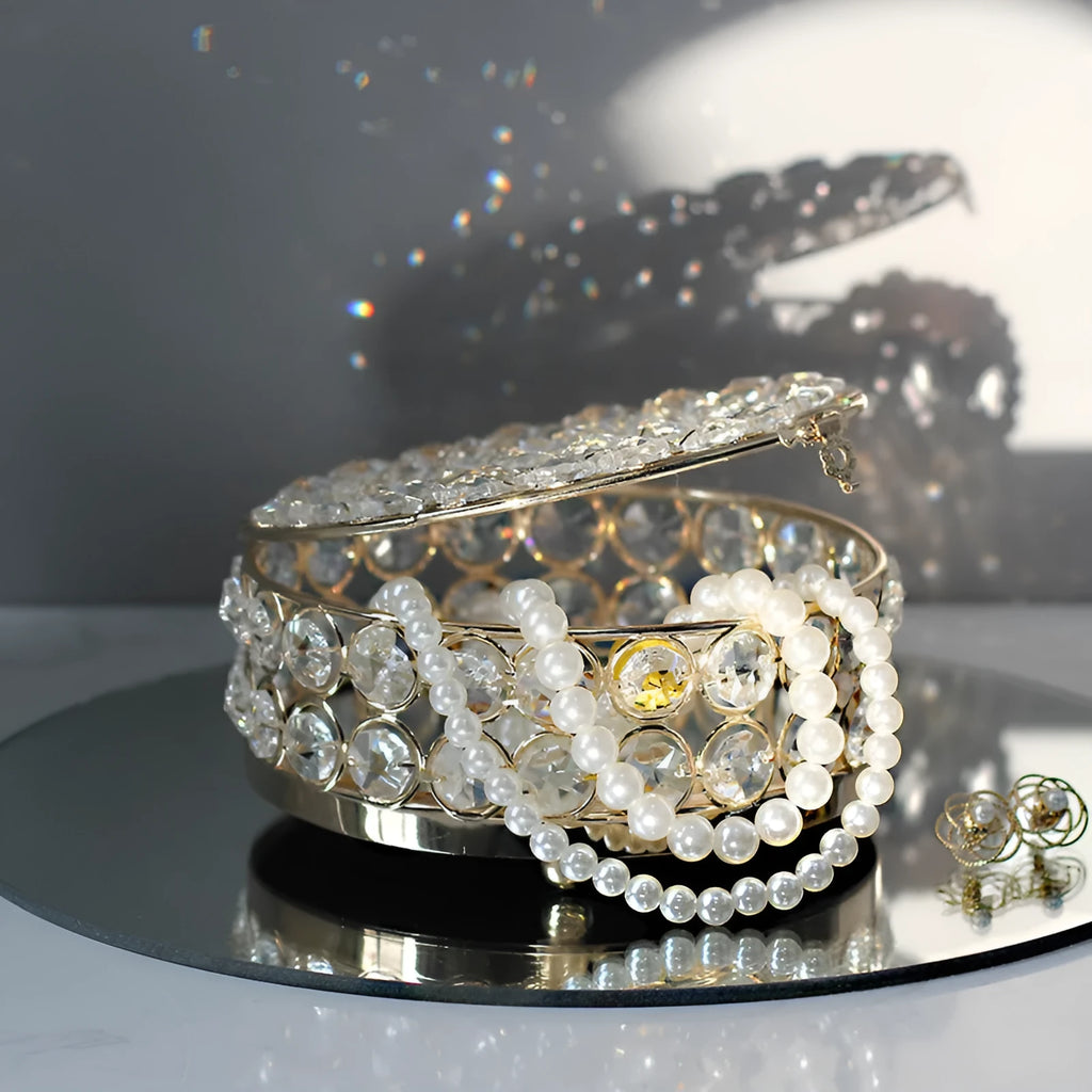 French gold metal jewellery storage box with transparent crystal glass lid and European decorative styling