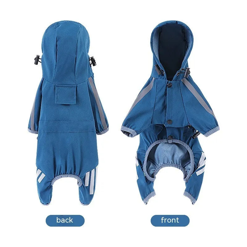Cape-style dog raincoat in blue with reflective stripe, five sizes from S to XXL