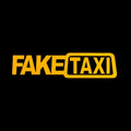 FAKE TAXI car warning sticker in black, white, and yellow, measuring 20cm by 8cm.