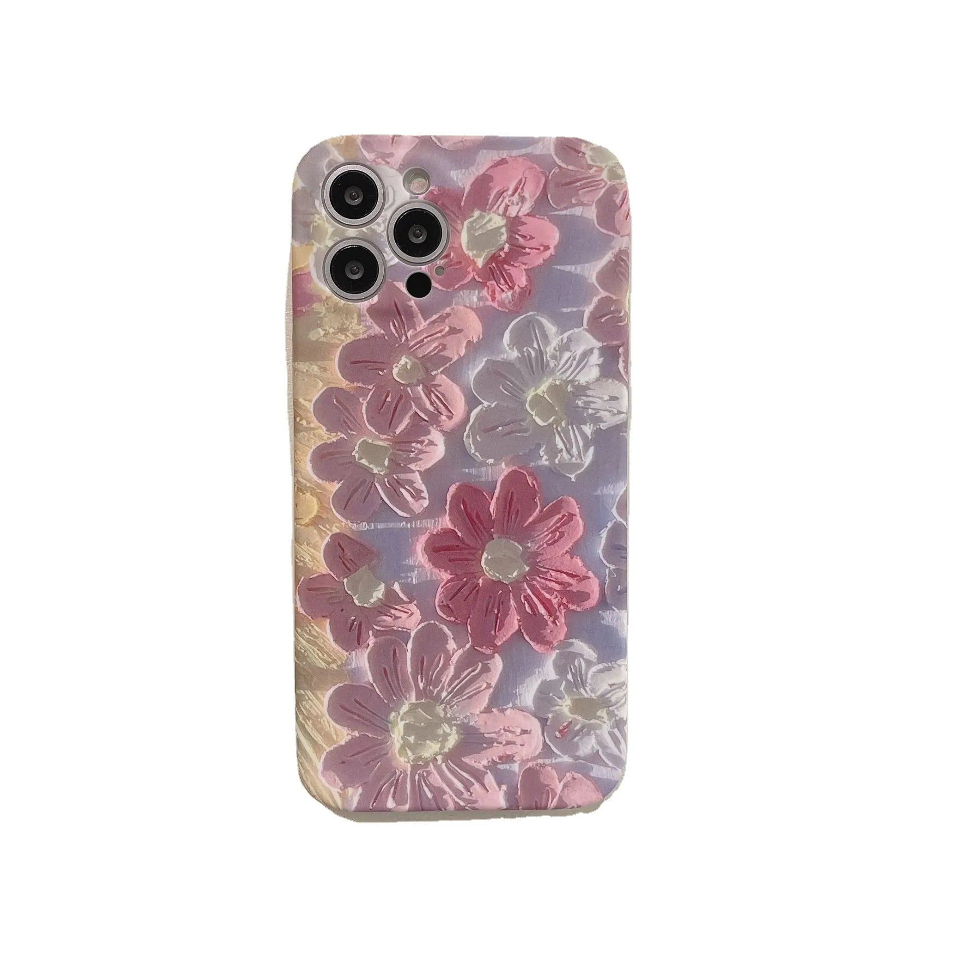 Pink silicone liquid oil painting flower phone case rear cover for iPhone