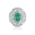 S925 sterling silver women's ring with a green emerald in a Palaibahao design and an inlaid high-carbon diamond on a geometric ellipse band.
