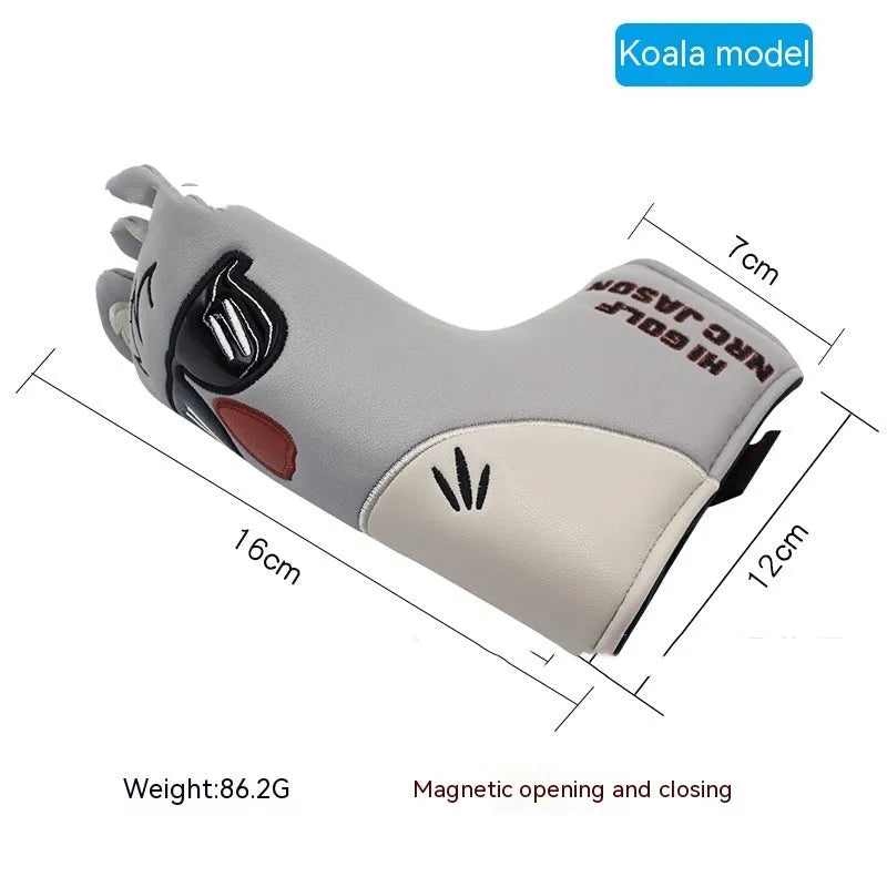 Golf straight bar putter sleeve in various designs including four-leaf clover, smiley face, and animal styles.