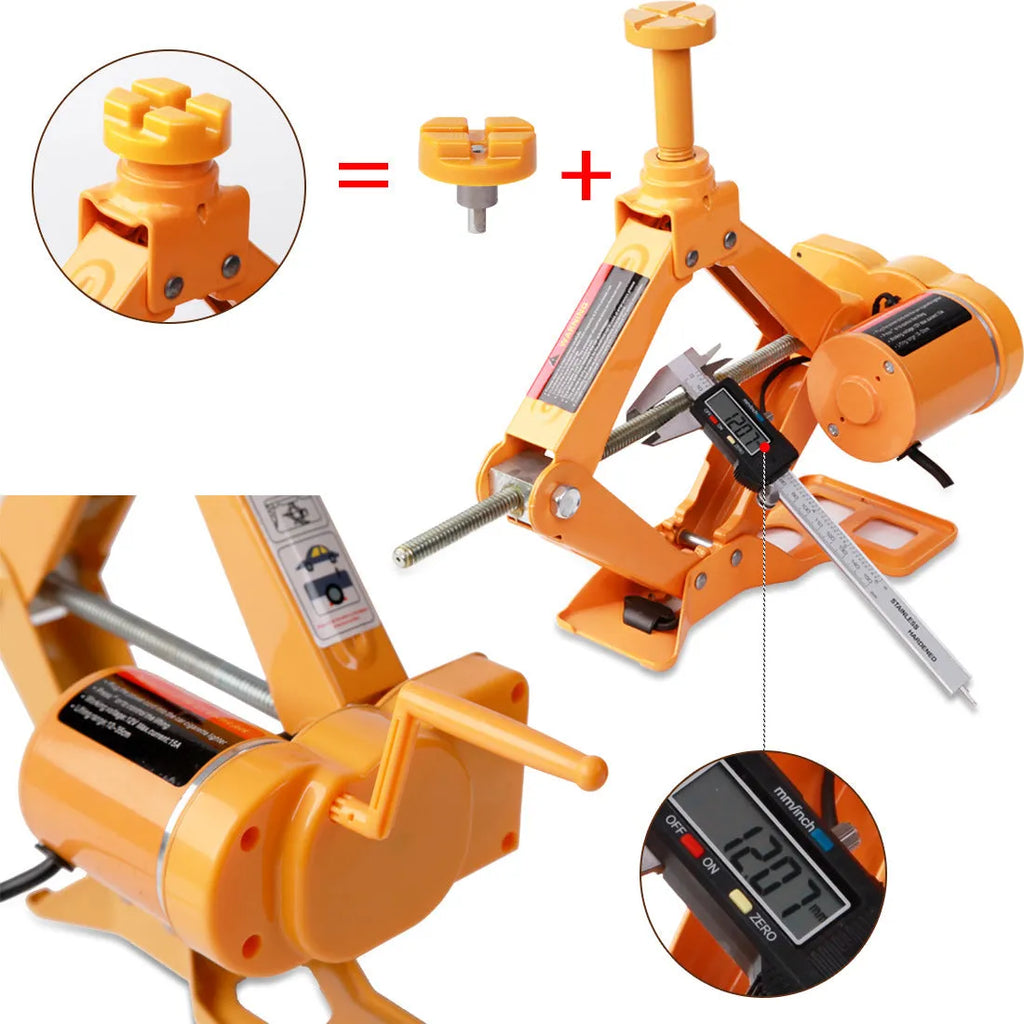 Yellow car electric jack set with hydraulic lift and electric wrench for vehicle tyre changes
