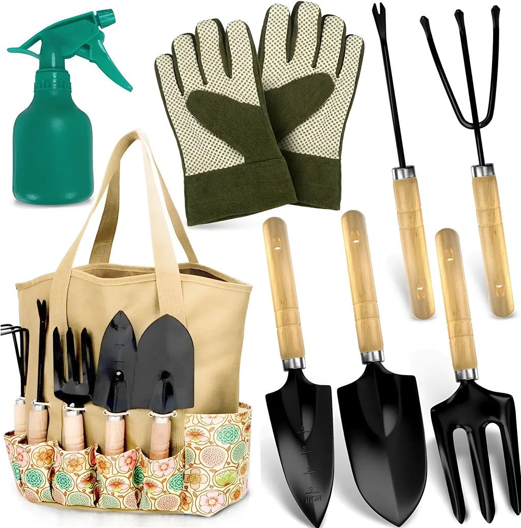 Stainless steel gardening tool set of eight pieces including trowel, weeder, fork, cultivator, snipper, and shovel