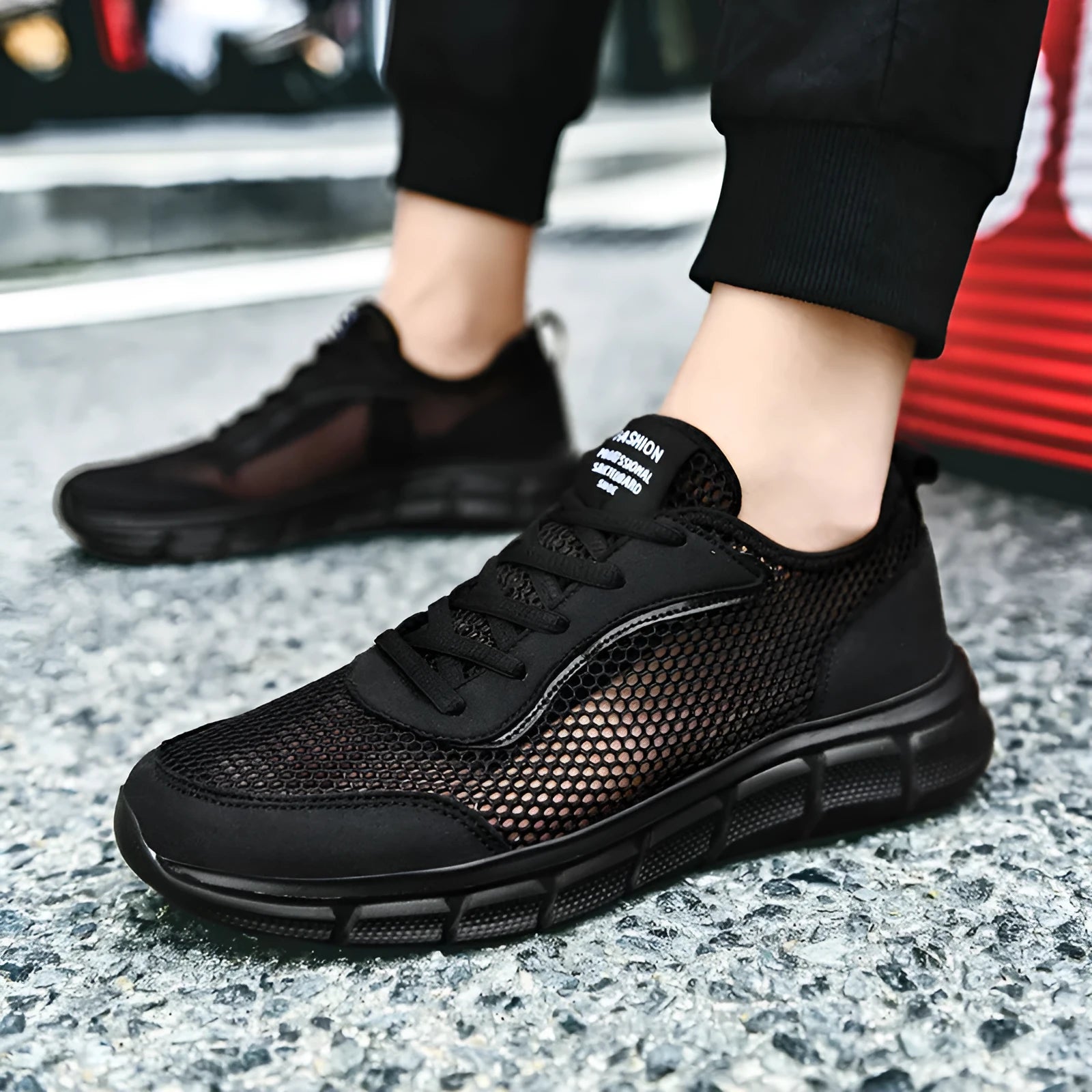 Men's breathable mesh lace-up summer sports shoes in black, blue, and grey, sizes 37-48