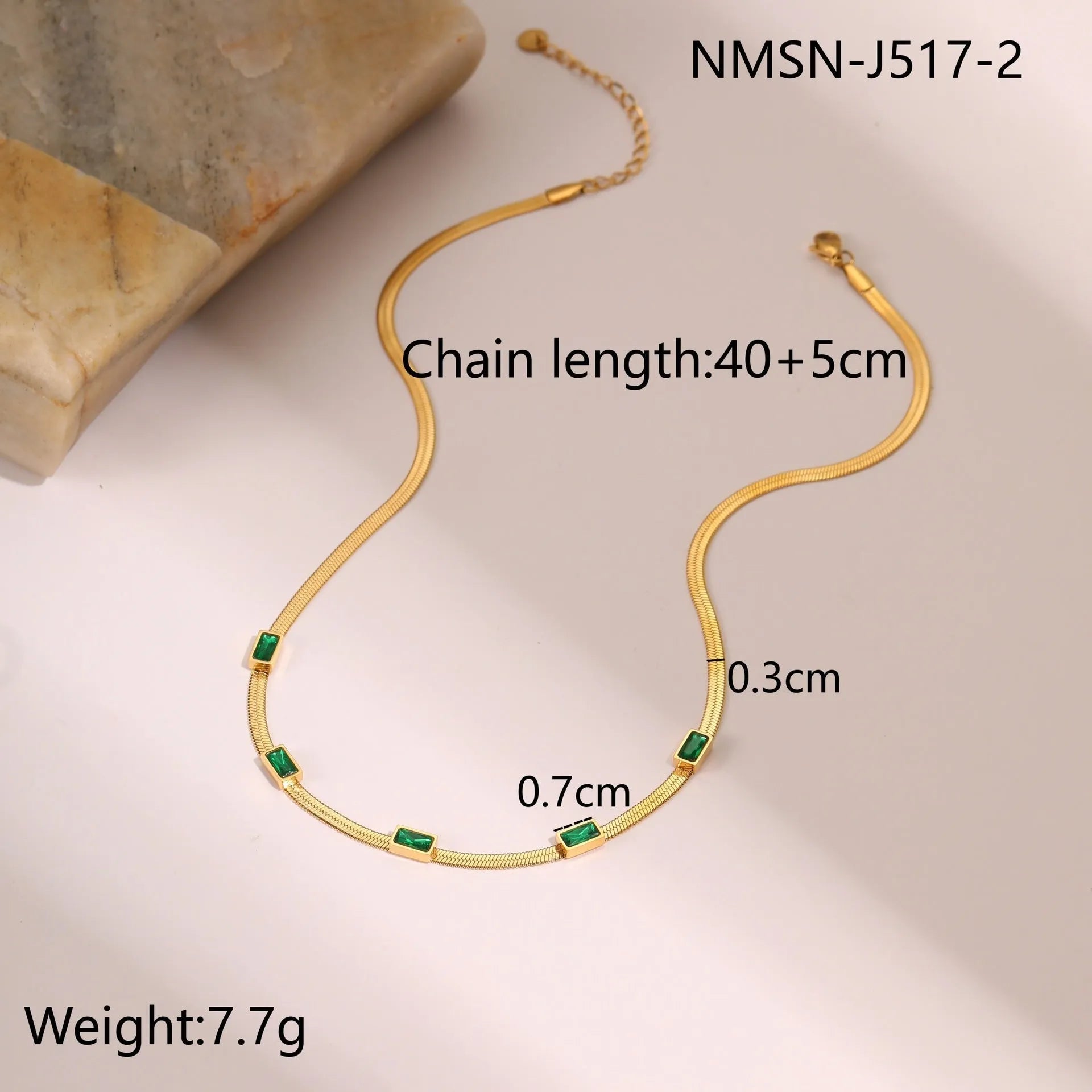 Geometric square zircon pendant necklace with stainless steel flat snake chain in gold or steel colour finishes
