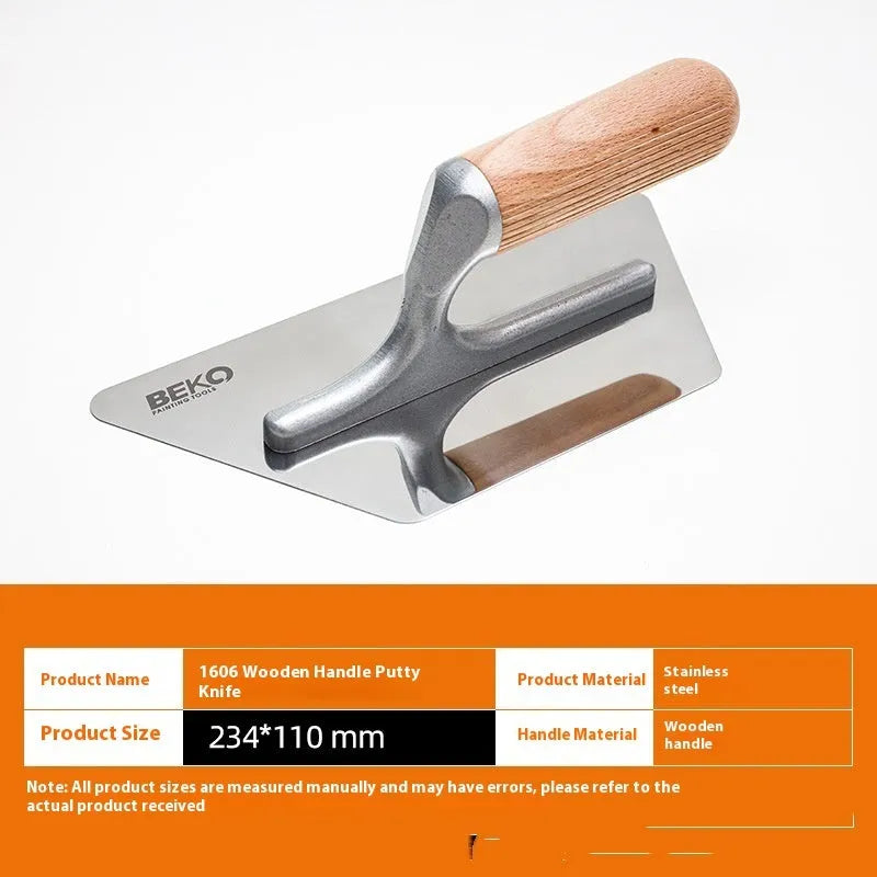 Stainless steel putty scraper with wooden handle showing three different blade size options.