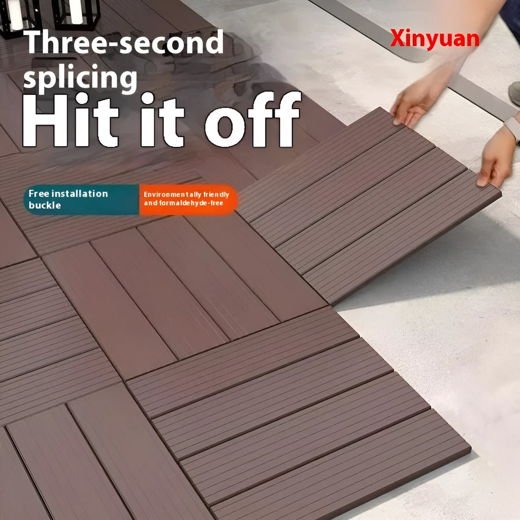 Pack of ten wood grain patterned plastic floor tiles showing 300x300mm size and non-slip surface texture.