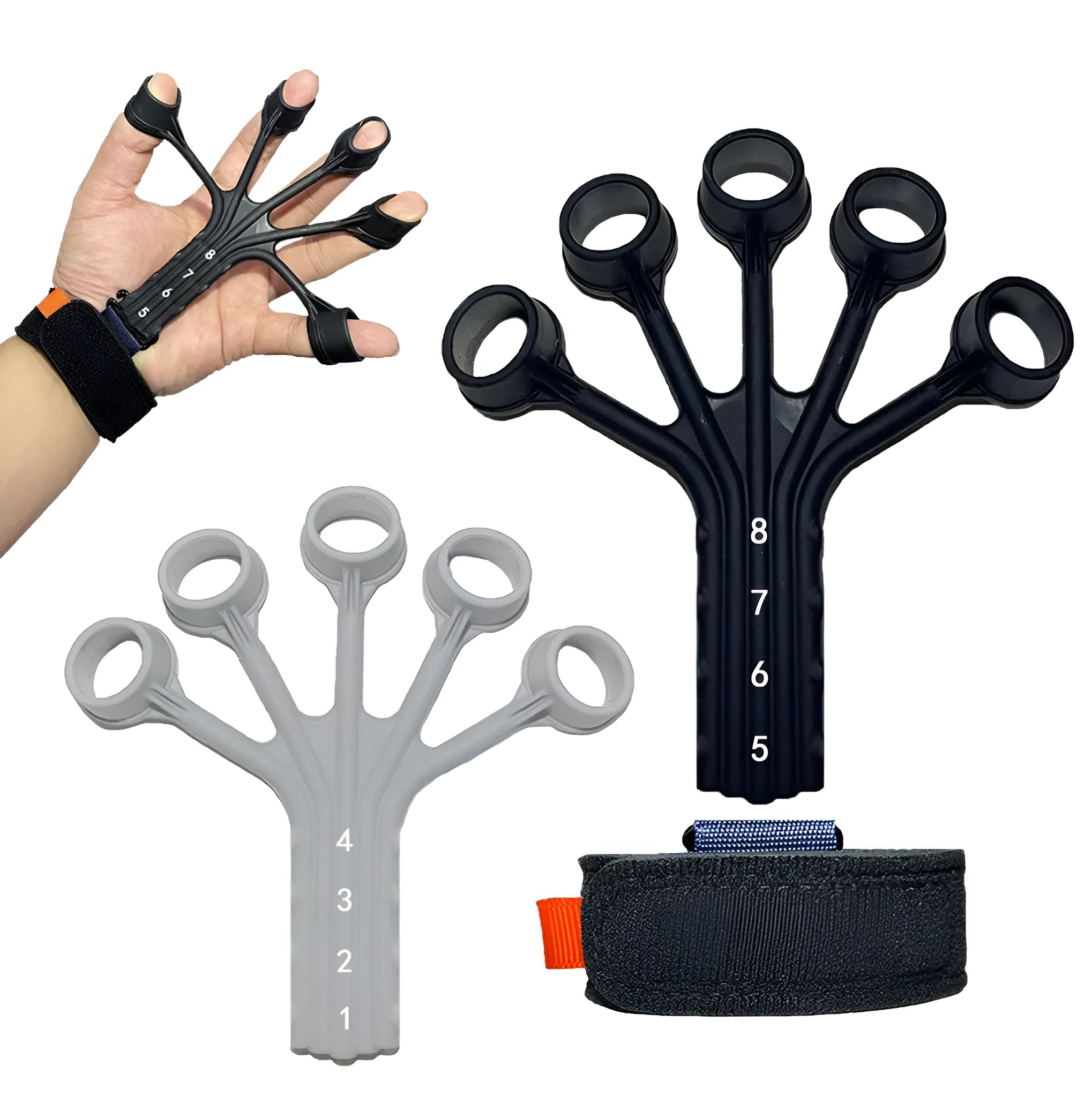 Black silicone finger rehabilitation trainer with adjustable resistance band for flexion and extension exercises