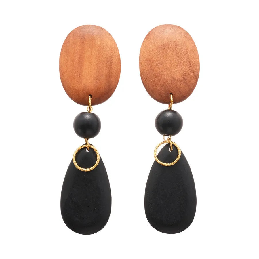 Brown-black wooden ellipse earrings with silver needle detailing in retro European American style