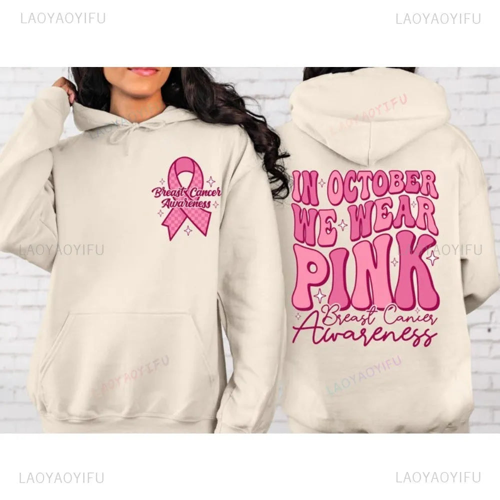 Breast Cancer Awareness hoodie with retro print design and side seam pockets in pink colour.