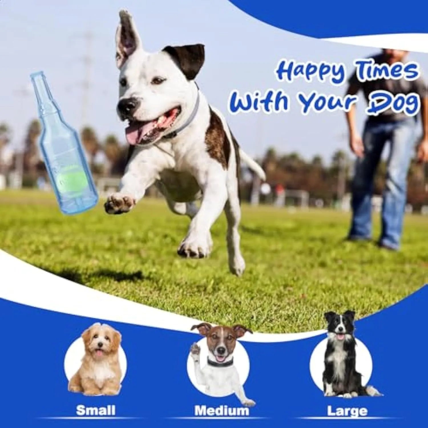Blue natural rubber water bottle dog chew toy with squeaker at the tail on a white background
