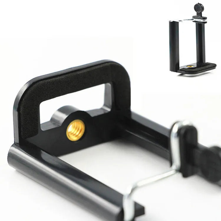 Black U-shaped plastic mobile phone clip holder for attaching to a hose.