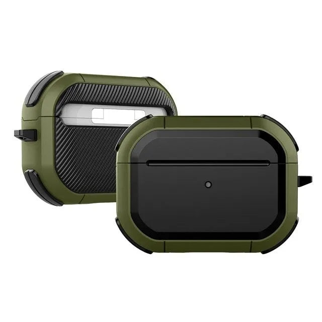 Black protective hard shell case for Apple AirPods Pro and AirPods 1/2 on a white background.