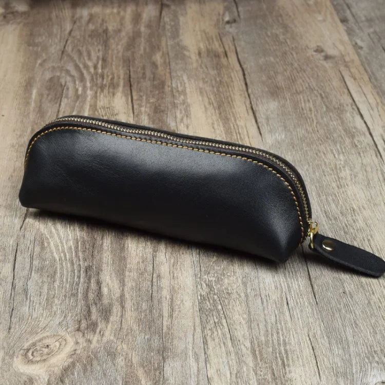 Black handmade cowhide leather pencil case with zipper, showing square 18cm design.