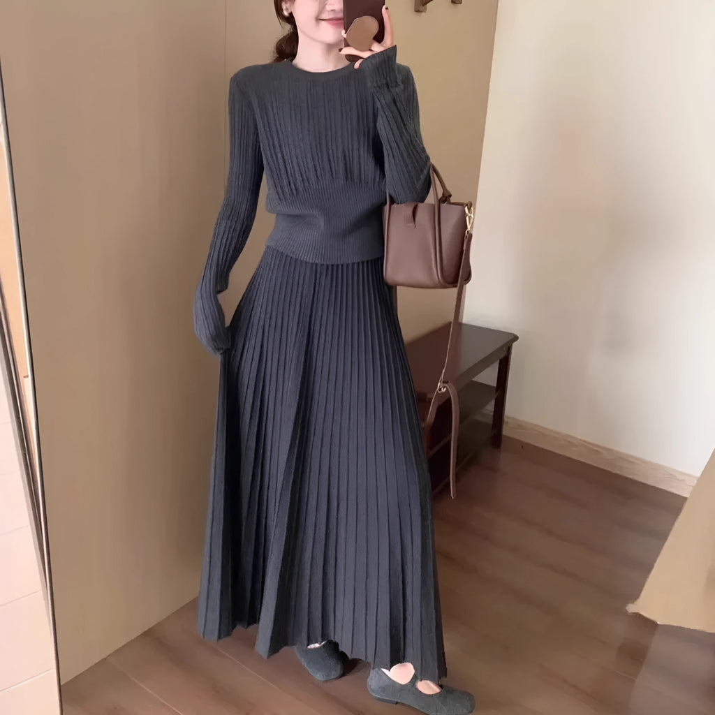 Ethnic style knitted dress suit set with 3D pattern, sweater and skirt in dark grey