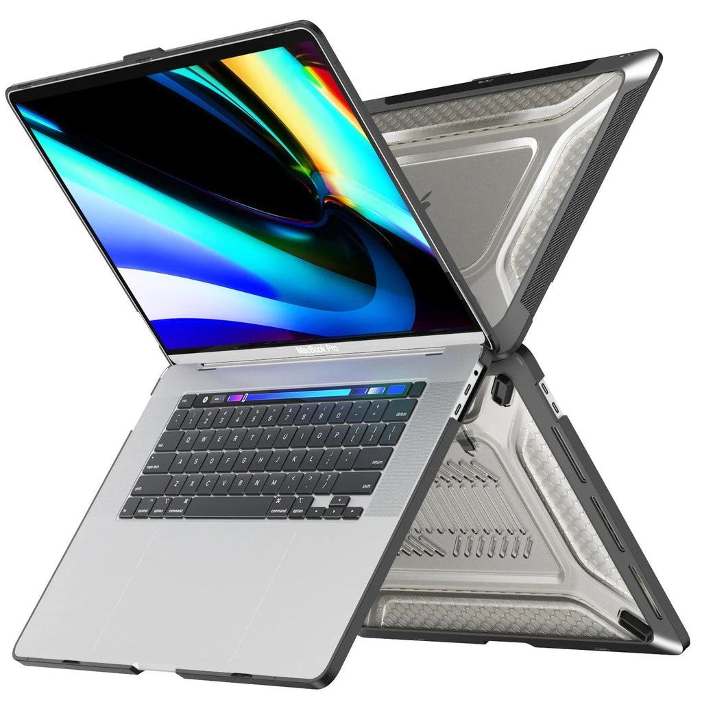 MacBook protective shell case in cold black, starry sky grey, elegant apricot, and sapphire blue colours for Air and Pro models.