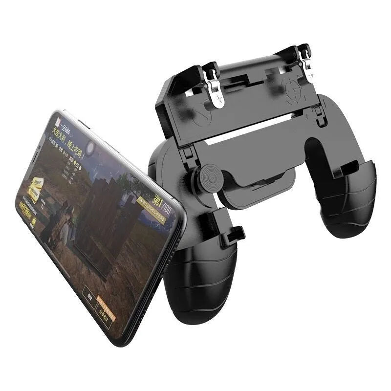 Telescopic mobile game handle extended to show smartphone compatibility with detachable grip component