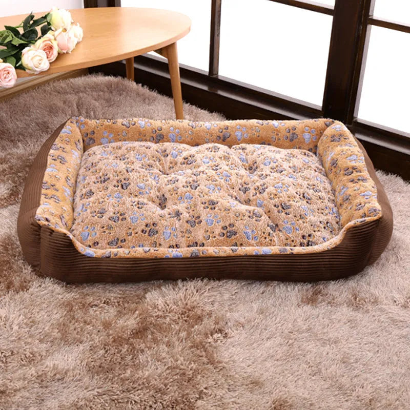 Plush fabric dog bed with foam cushion in beige, camel, or pink colour options