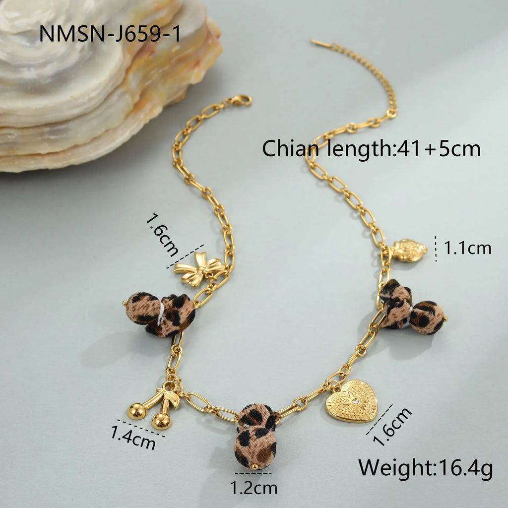 Women's stainless steel necklace with leopard pendant and love heart flowers design