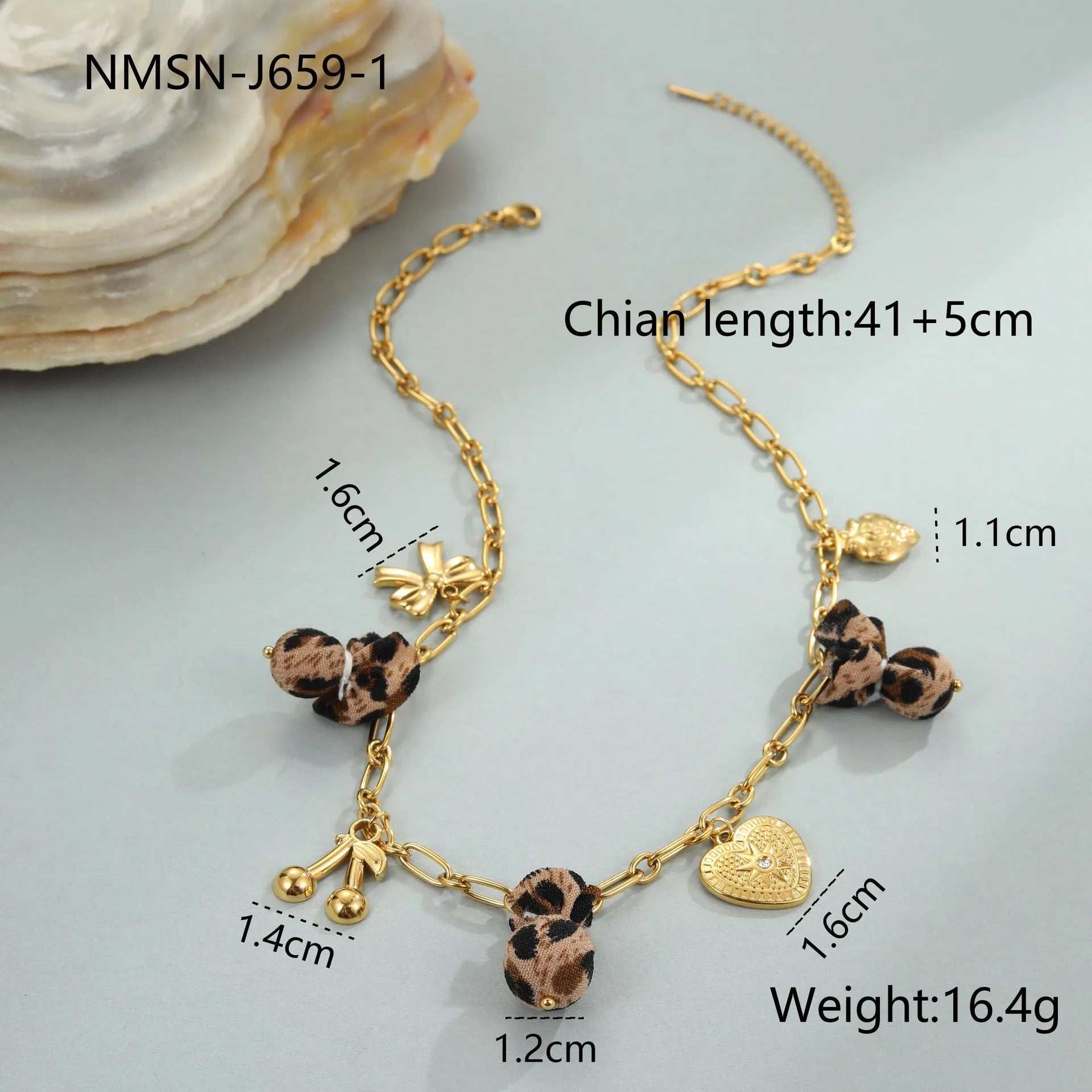 Women's stainless steel necklace with leopard pendant and love heart flowers design
