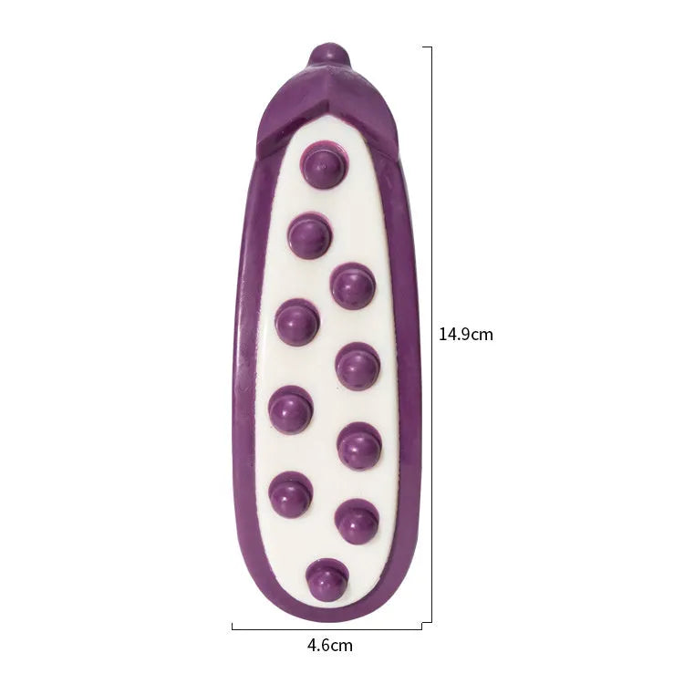 Green and purple dog chew toys showing simulation texture, available in large and small size options