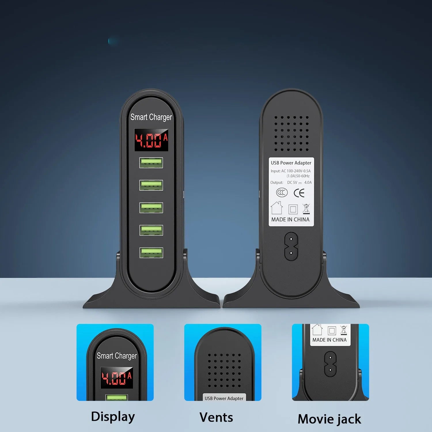USB wall charger with LED digital display showing voltage readings, available in black and white with different plug types