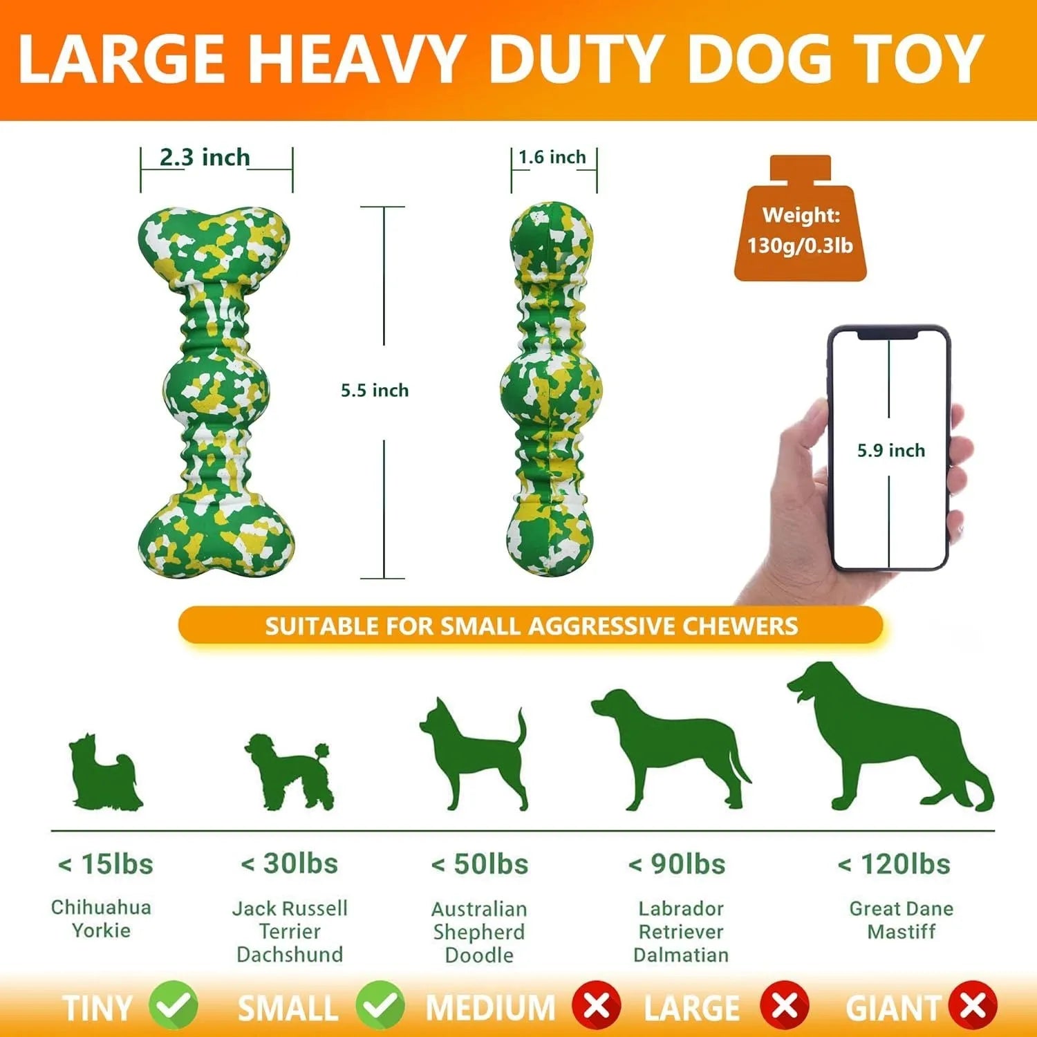 Green, white, and yellow camouflaged natural rubber bone chew toy for large dogs on a plain background.