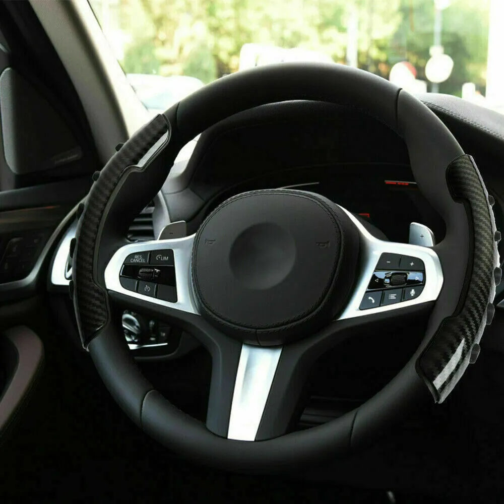 Carbon fibre black steering wheel anti-slip sleeve showing 38cm diameter universal fit