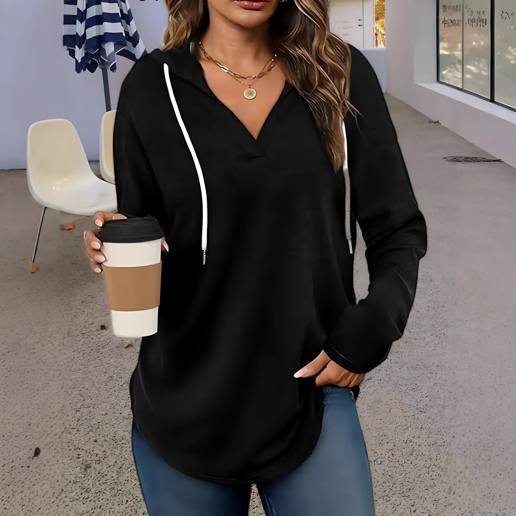 Women's black V-neck hooded sweatshirt with long sleeves on hanger