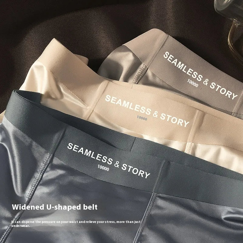 Men's solid colour ice silk briefs on a mid-waist mannequin, showing coffee, grey, white, and blue options.