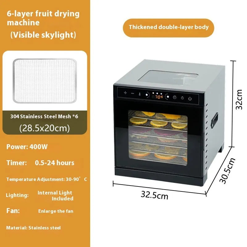 Stainless steel food dehydrator with visual skylight window and LED control panel.