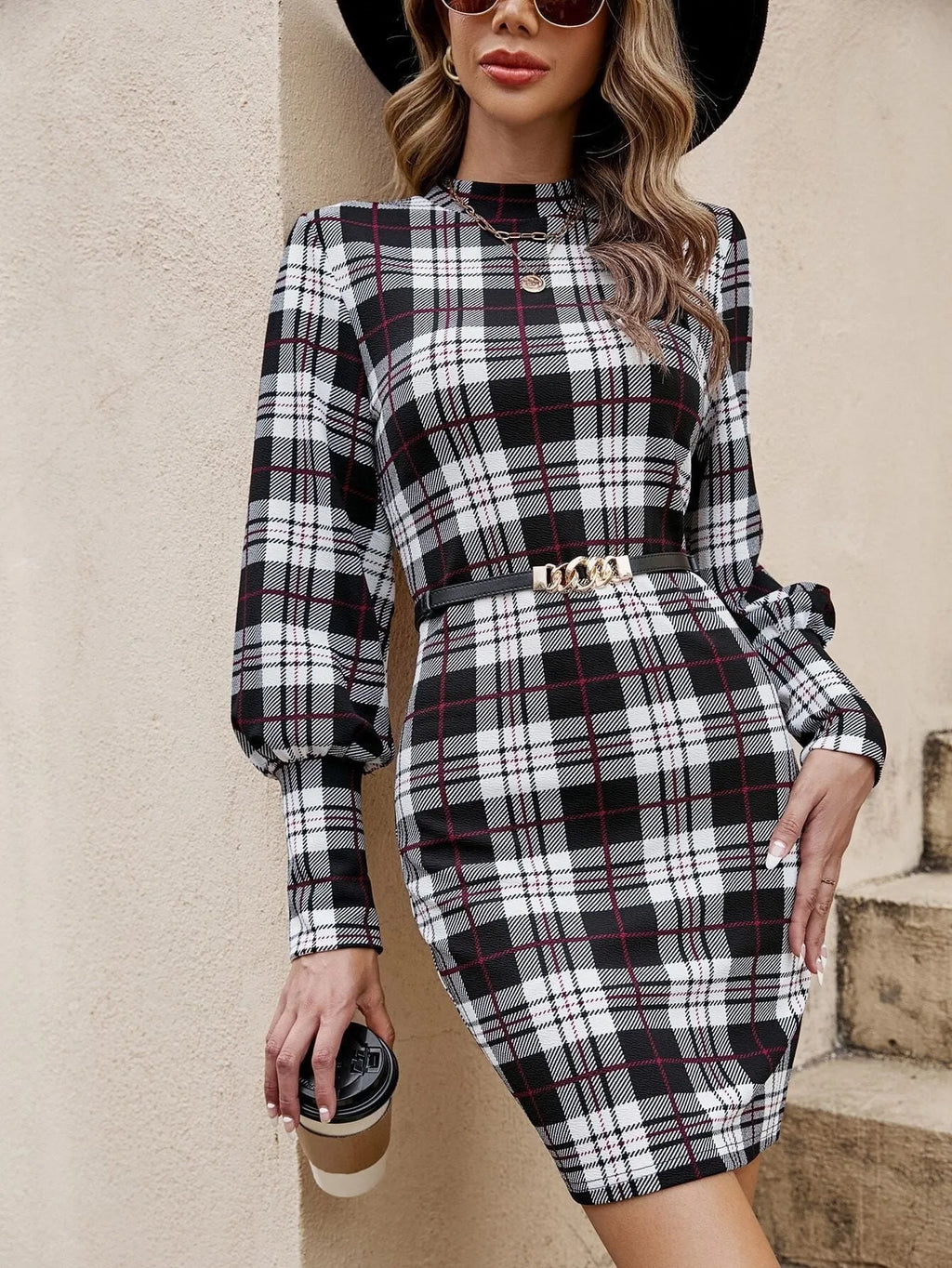 Black women's tight dress with printed lantern sleeves and leather stitching detail, midi length Japanese Korean style
