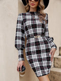 Black women's tight dress with printed lantern sleeves and leather stitching detail, midi length Japanese Korean style