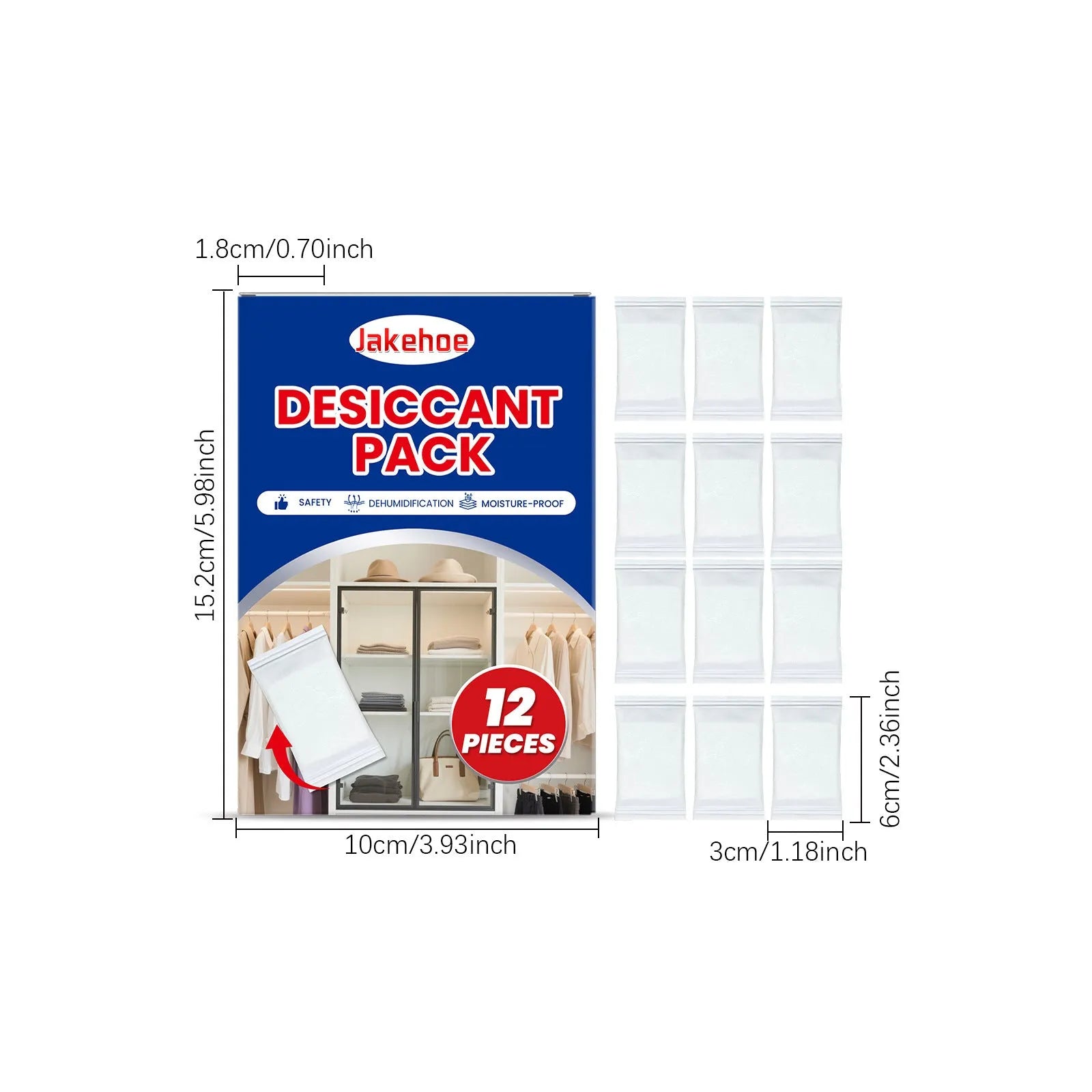 Pack of 12 white calcium chloride desiccant units for cupboard and wardrobe moisture control.