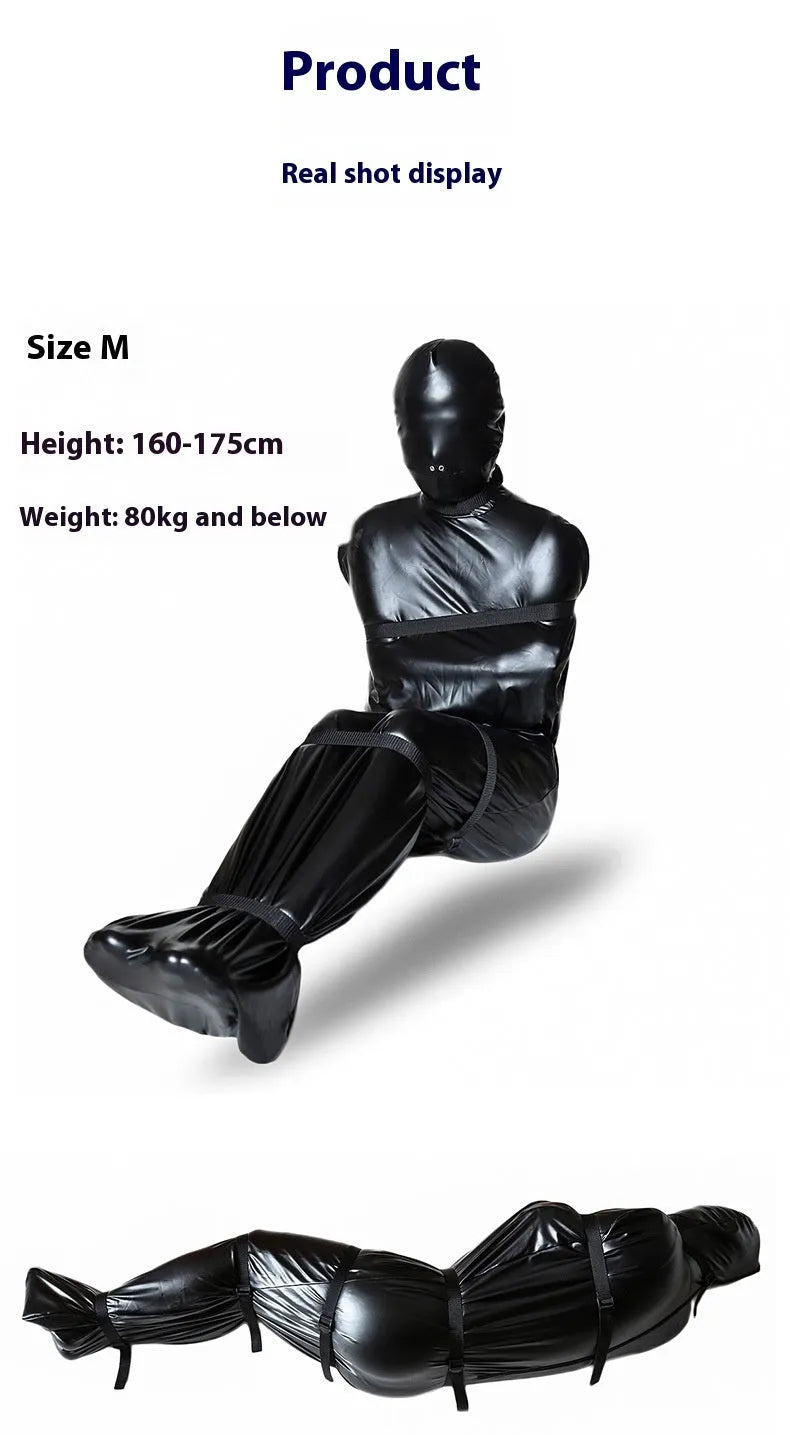 Black patent leather bondage set showing full coverage body wrap with six ratchet tie down restraints