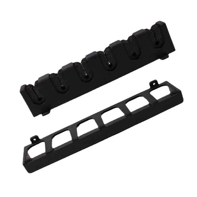 Black ABS plastic wall-mounted fishing rod holder in horizontal and upright styles