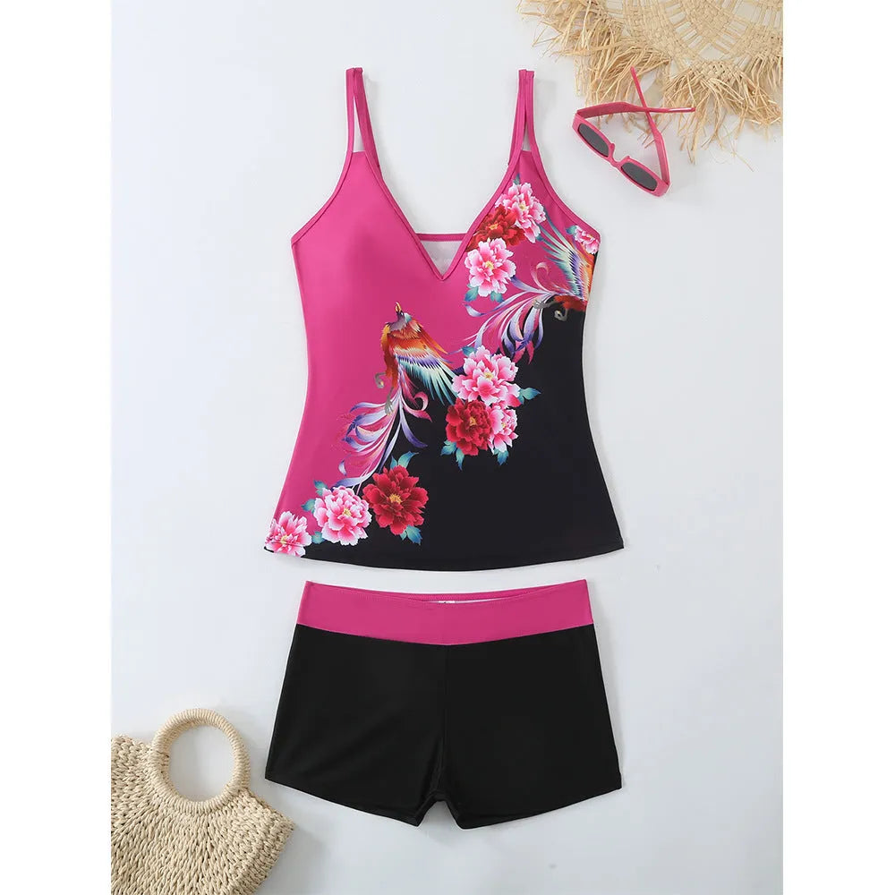 Women's plus size black and rose red swimsuit set with briefs, made from polyester with cotton lining.