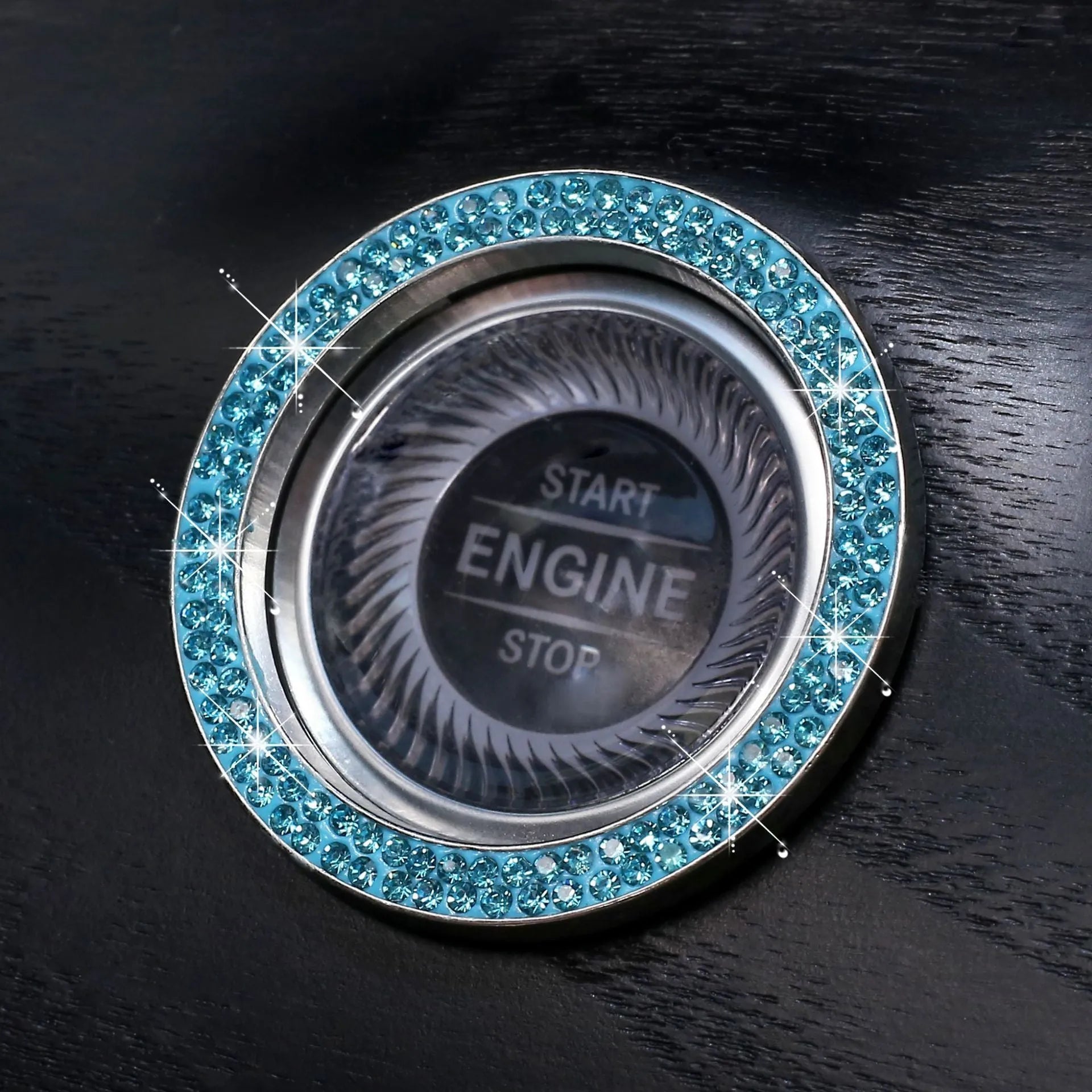 Diamond-encrusted car one-button start decorative ring sticker in pink with rhinestones on a car start button
