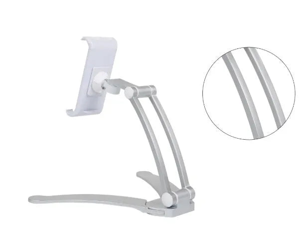 Silver aluminum alloy tablet stand with white mount holding tablet at adjustable angle