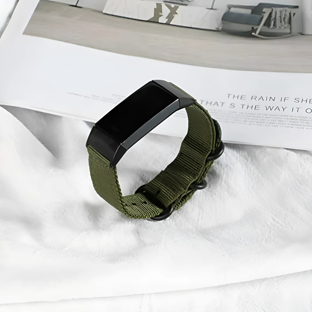Fitbit Charge nylon watch strap with three-ring metal buckle shown in Army Green colour
