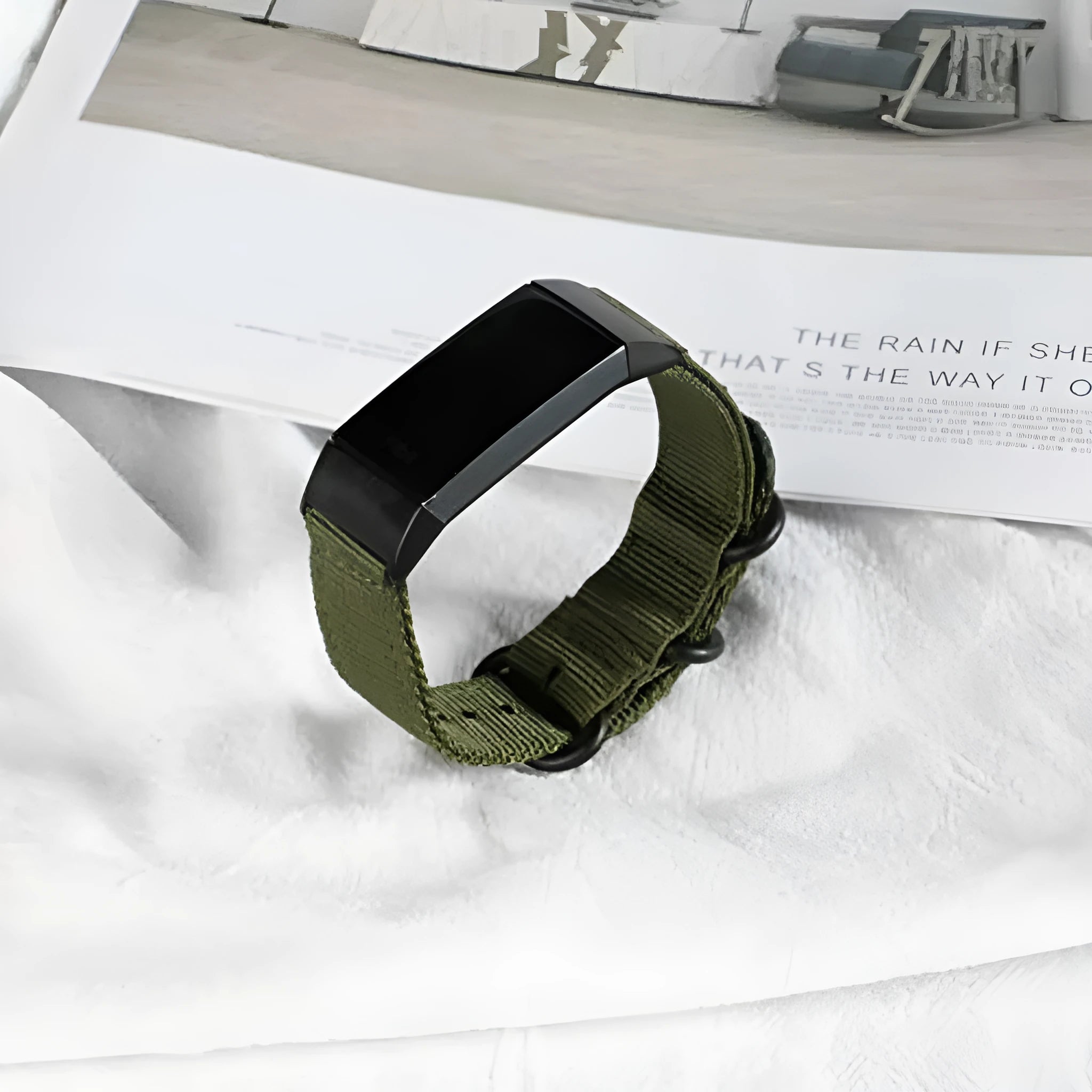 Fitbit Charge nylon watch strap with three-ring metal buckle shown in Army Green colour