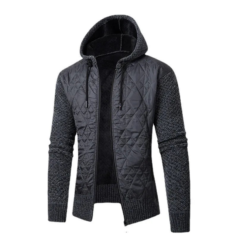 Men's grey hooded sweater coat in wool corduroy with cinched cardigan design for winter wear