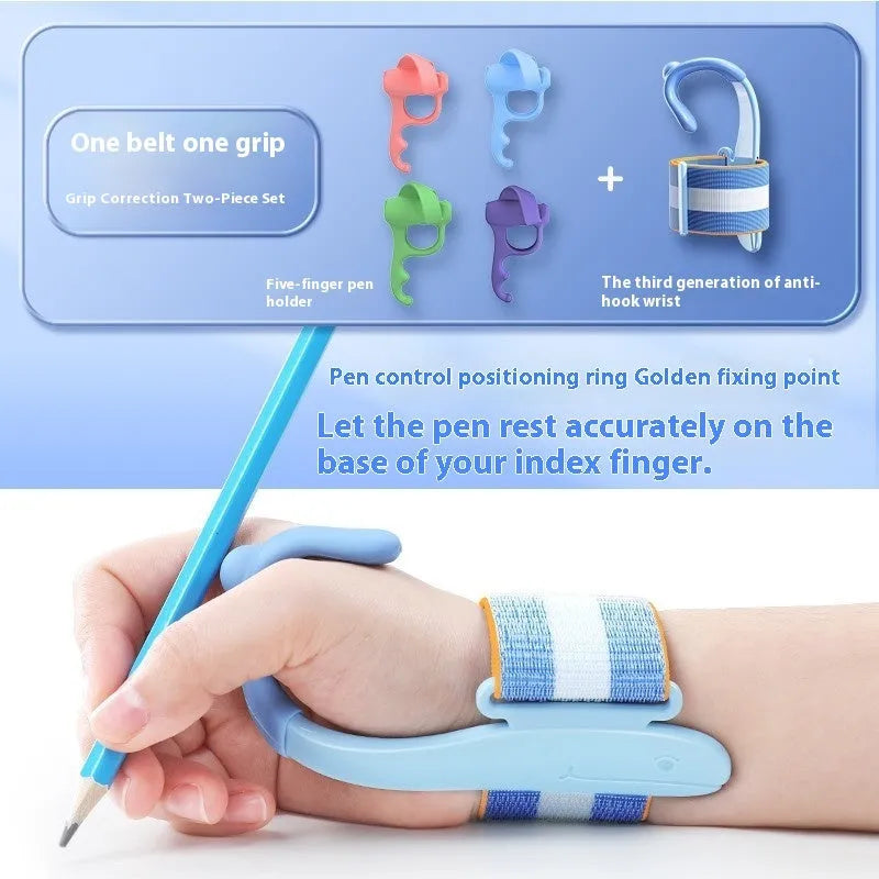 Blue Anti-hook Holder Pen Control Corrector wrist brace on a hand holding a pencil.
