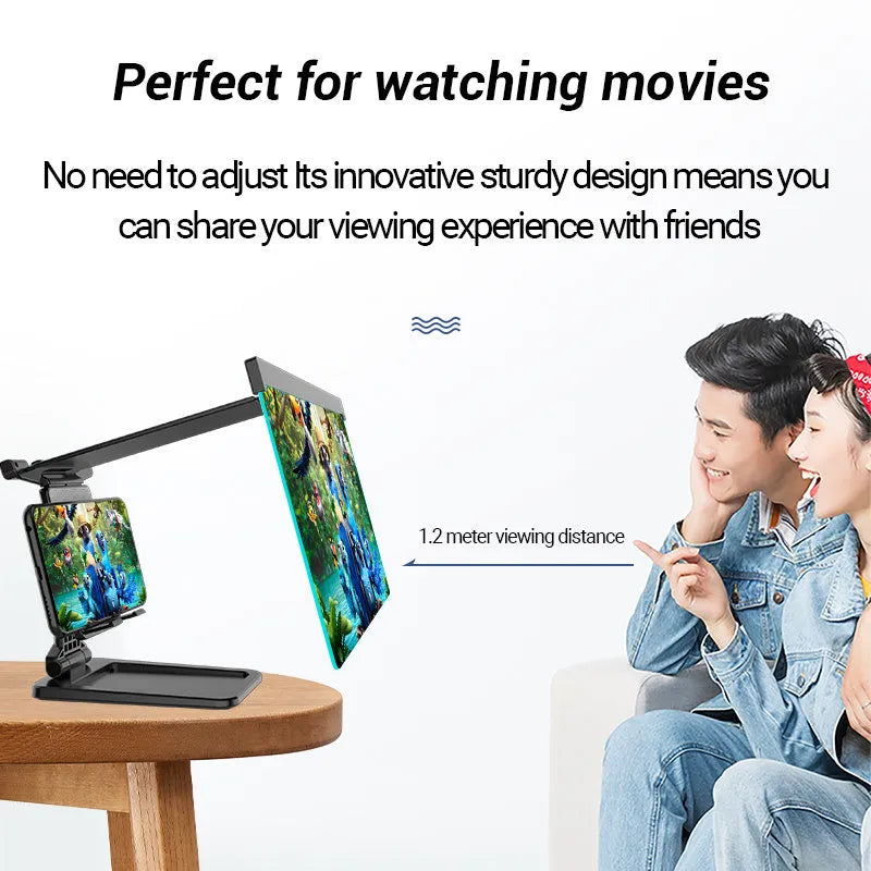Black folding mobile phone screen amplifier with detachable holder showing 3-4x magnification
