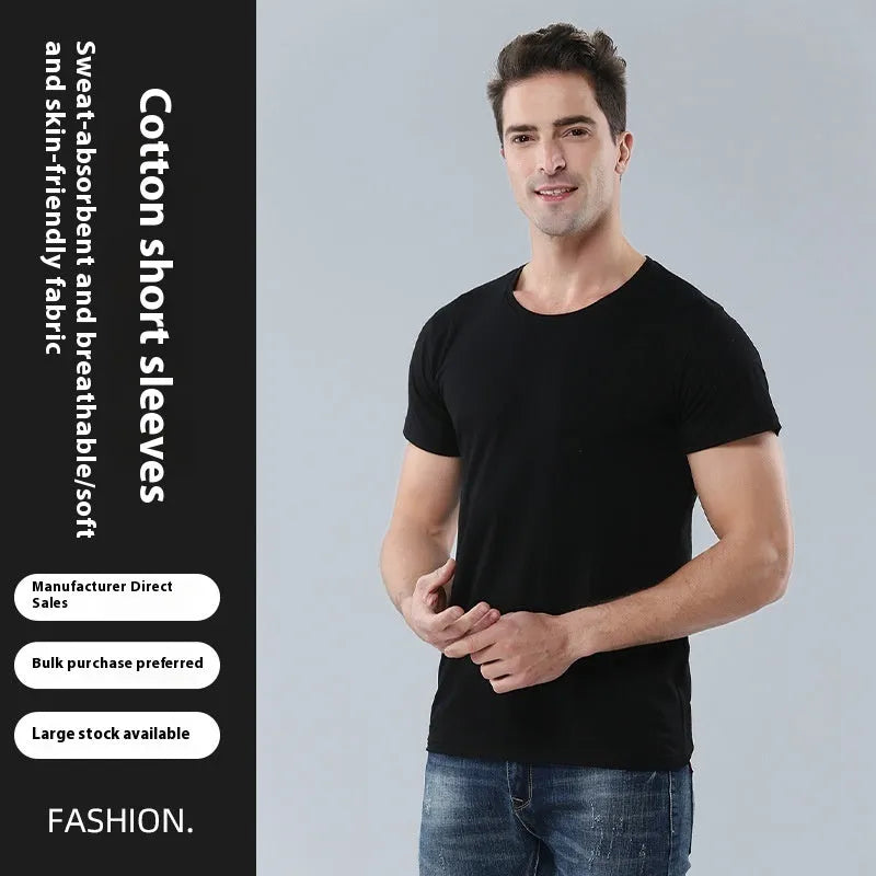 Men's solid colour pure cotton loose round neck T-shirt in Black, front view