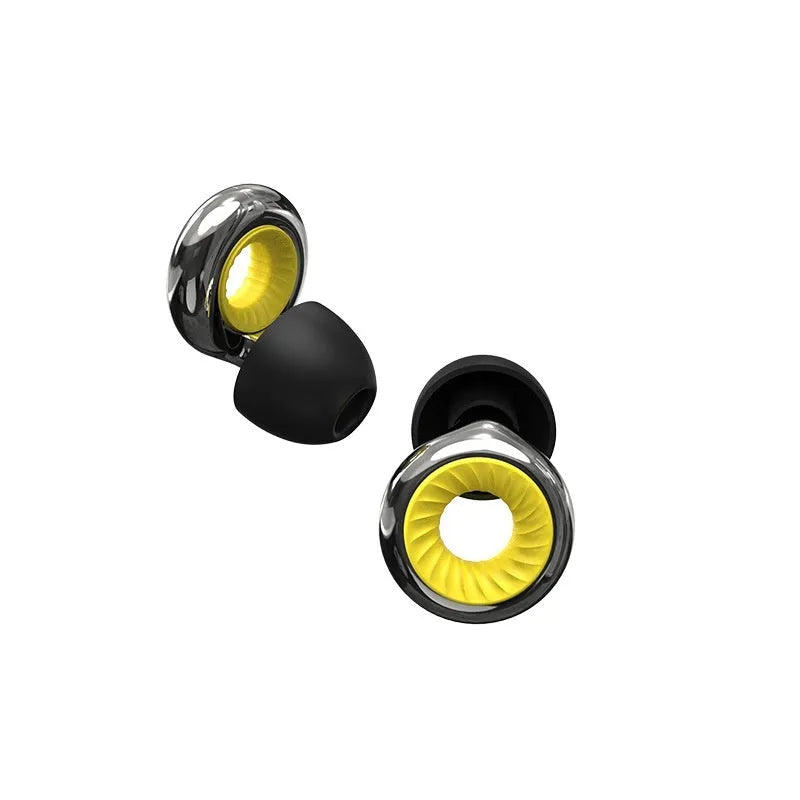 Noise reduction earplugs in five colours: gold, silver, transparent, purple, rose gold with storage case