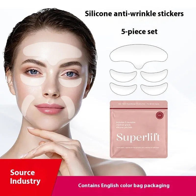 5 silicone anti-wrinkle facial stickers for forehead, eye areas and smile lines