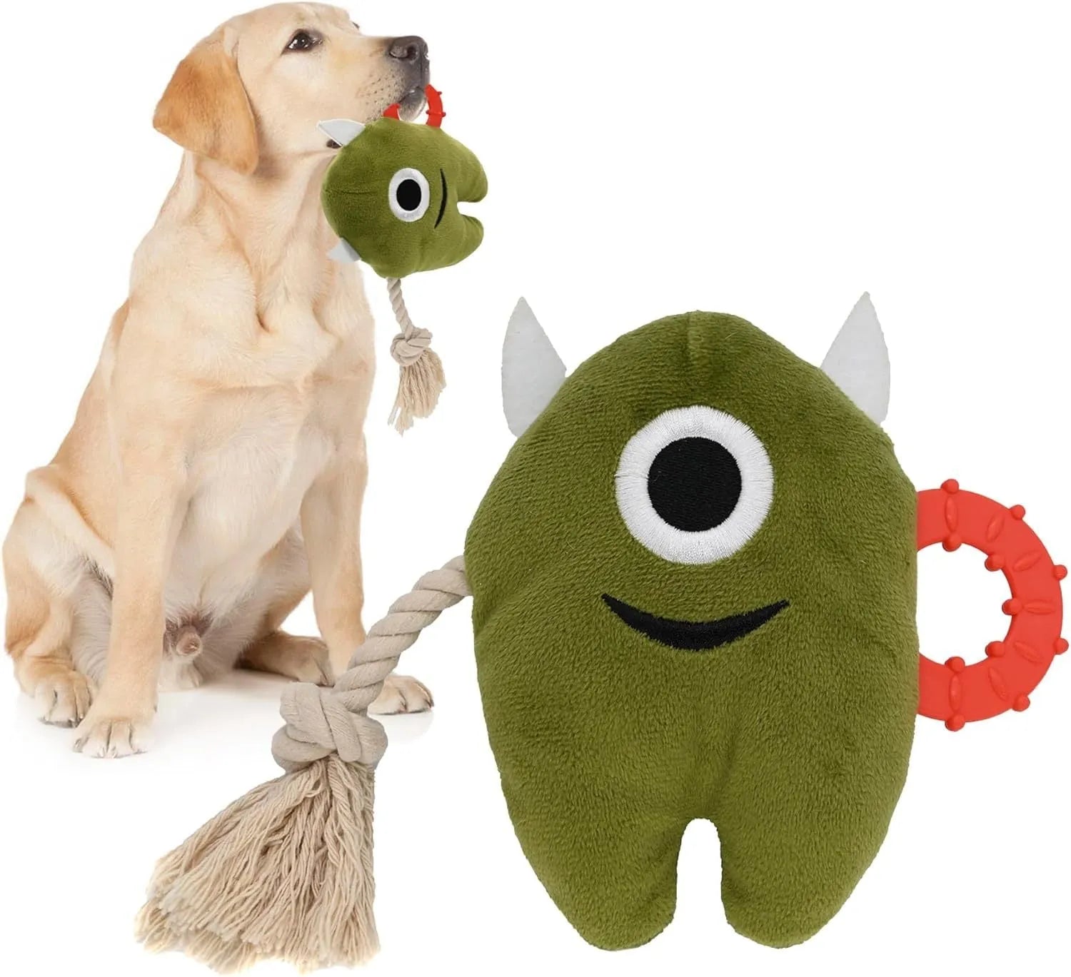 Blue and green dog chew toy with plush body and rope sections