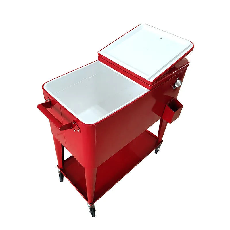 Red metal outdoor insulated picnic trolley with wheels and a 750 capacity.